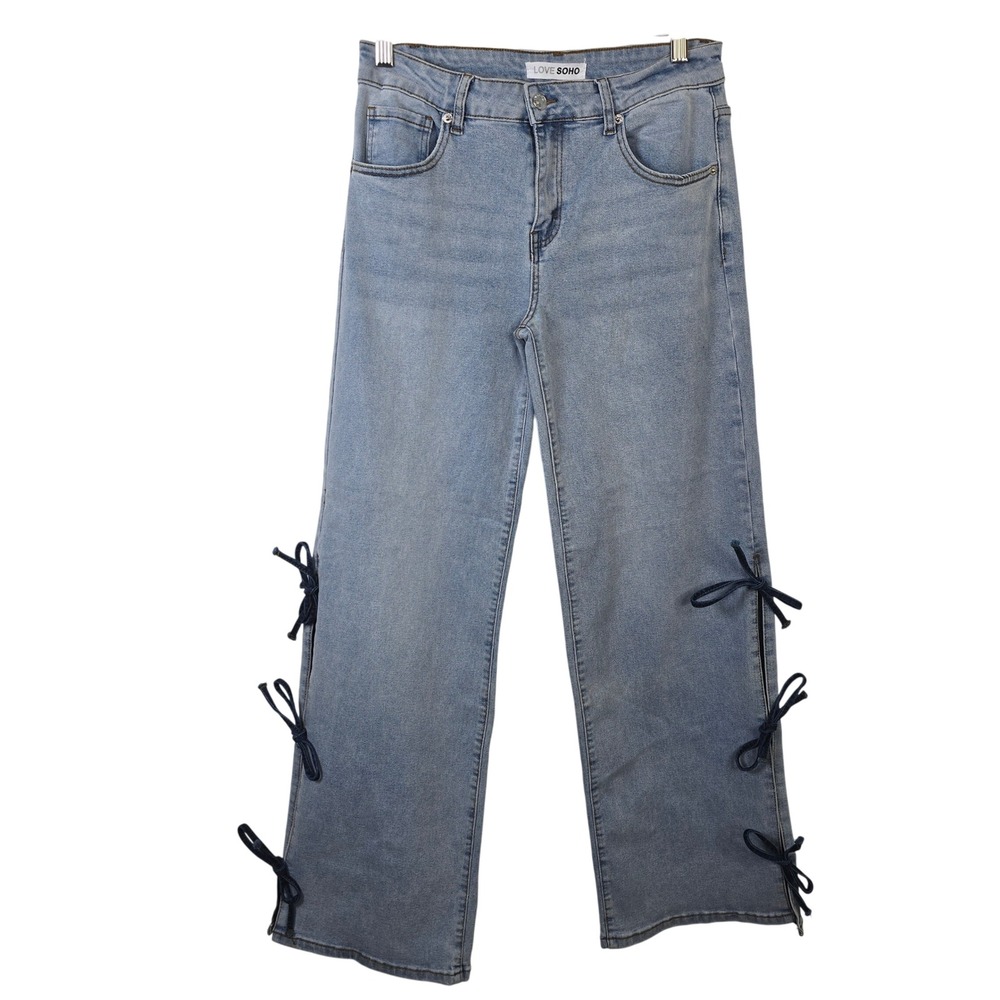 Love Soho Light Wash Wide Leg Jeans with Side Bow Tie Slits Size 11